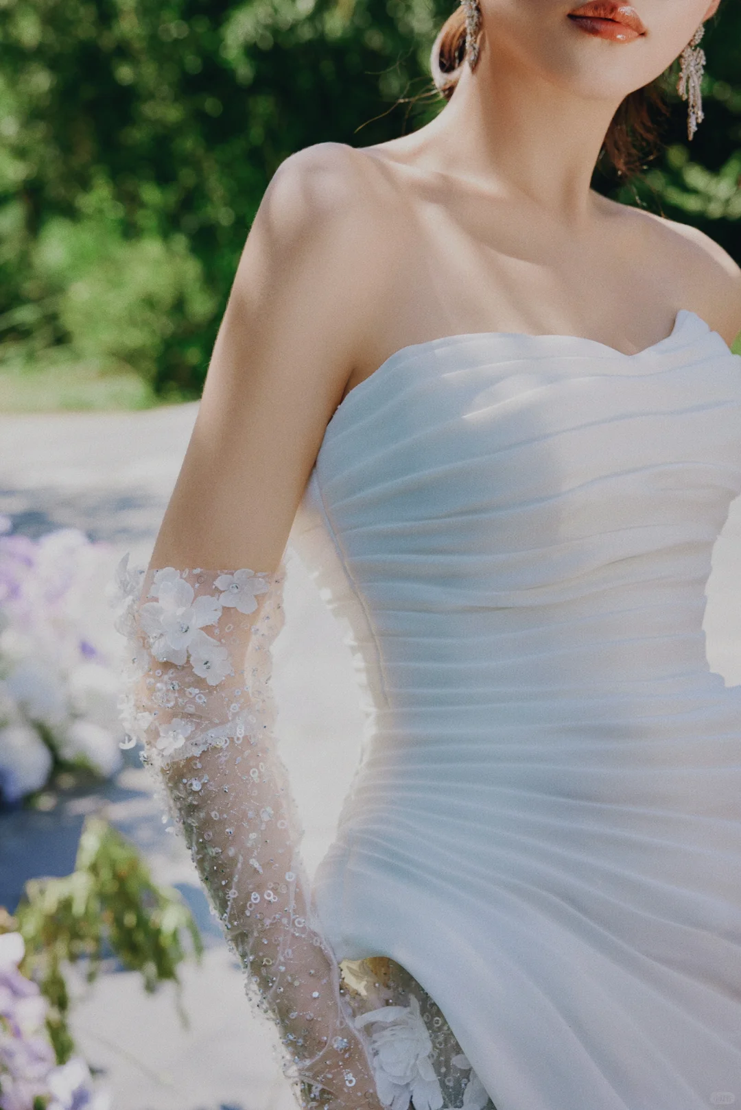 Unique Mermaid Strapless Satin Tulle Applqiue With Sleeves Long Wedding Dresses - View 6 | VelvetHem