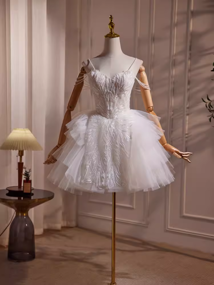 Elegant Ball Gown Spaghetti Straps Tulle Party Dress White Homecoming Dresses - View 2 | VelvetHem