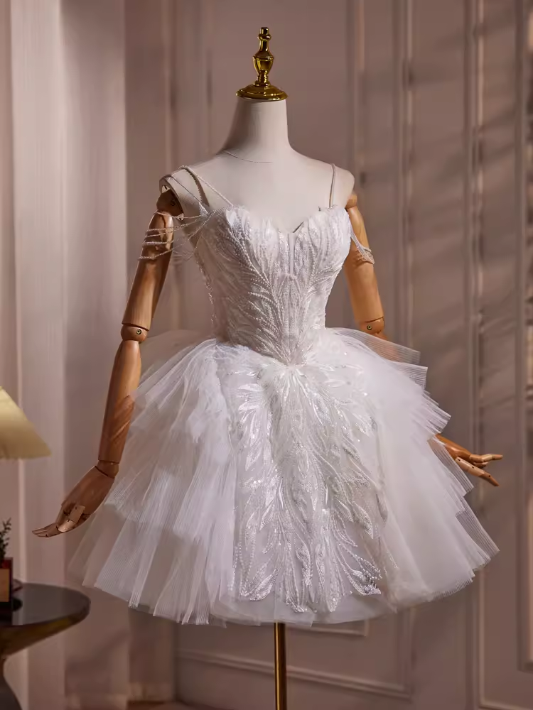 Elegant Ball Gown Spaghetti Straps Tulle Party Dress White Homecoming Dresses - View 3 | VelvetHem