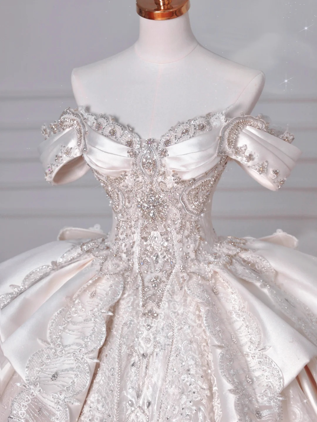 Timeless Ball Gown Off The Shoulder Satin Tulle Lace Sequin Beads Long Wedding Dresses - View 2 | VelvetHem
