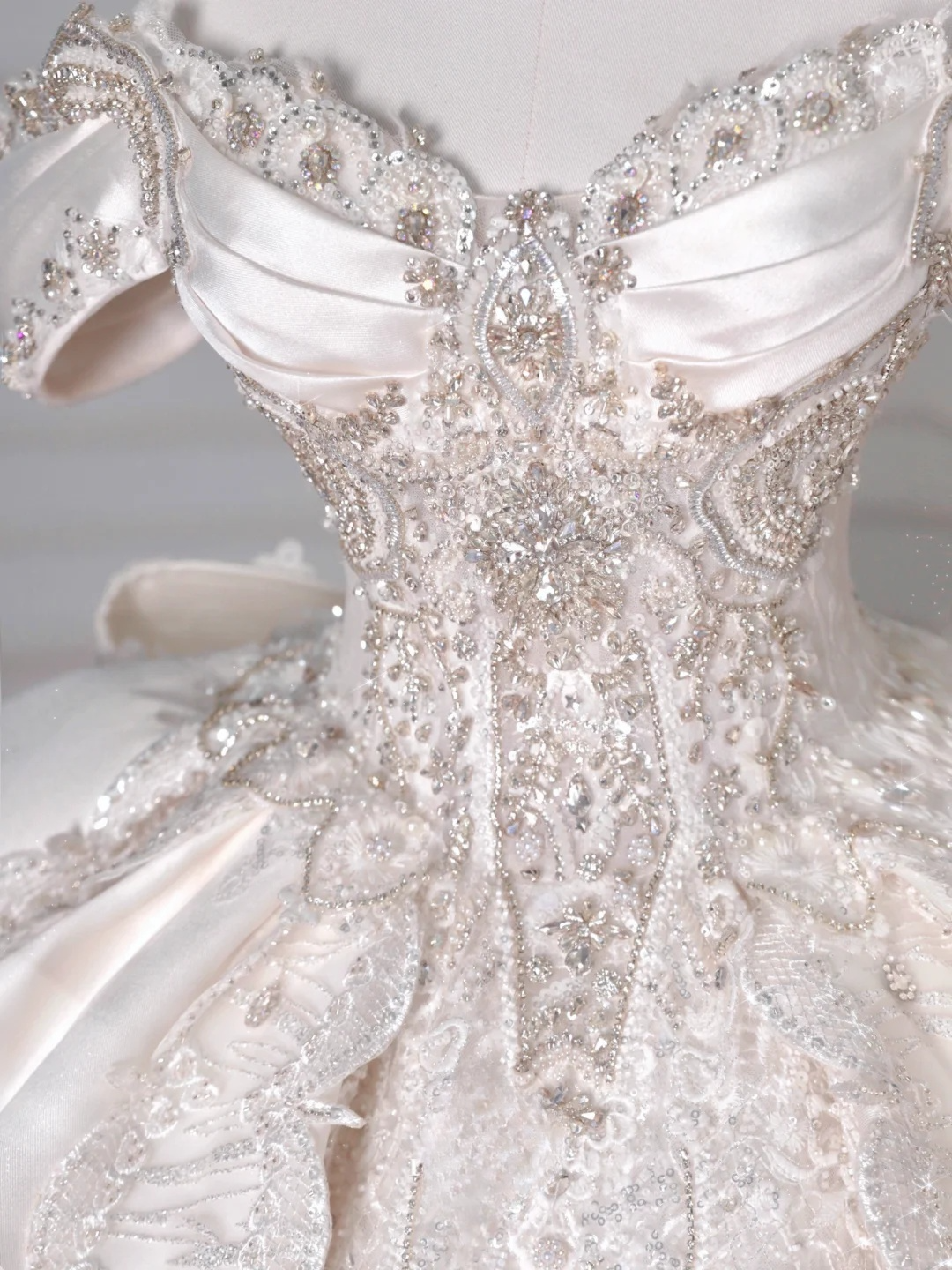 Timeless Ball Gown Off The Shoulder Satin Tulle Lace Sequin Beads Long Wedding Dresses - View 6 | VelvetHem