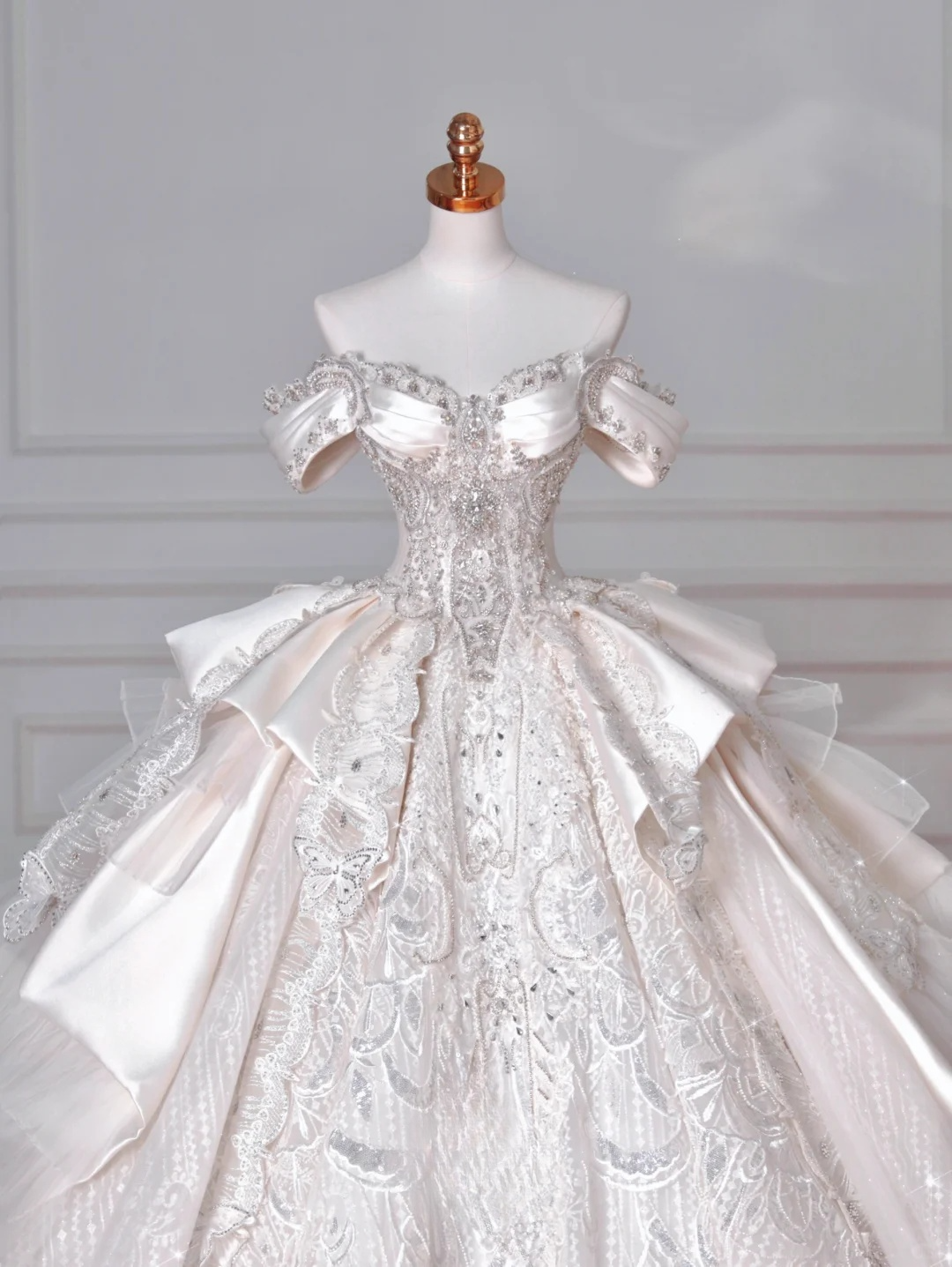 Timeless Ball Gown Off The Shoulder Satin Tulle Lace Sequin Beads Long Wedding Dresses - View 7 | VelvetHem