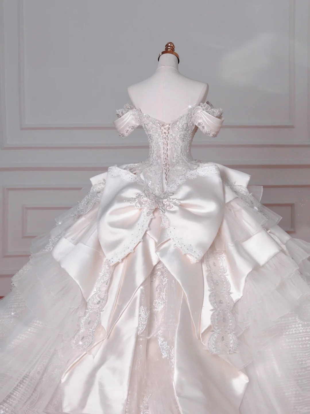 Timeless Ball Gown Off The Shoulder Satin Tulle Lace Sequin Beads Long Wedding Dresses - View 8 | VelvetHem