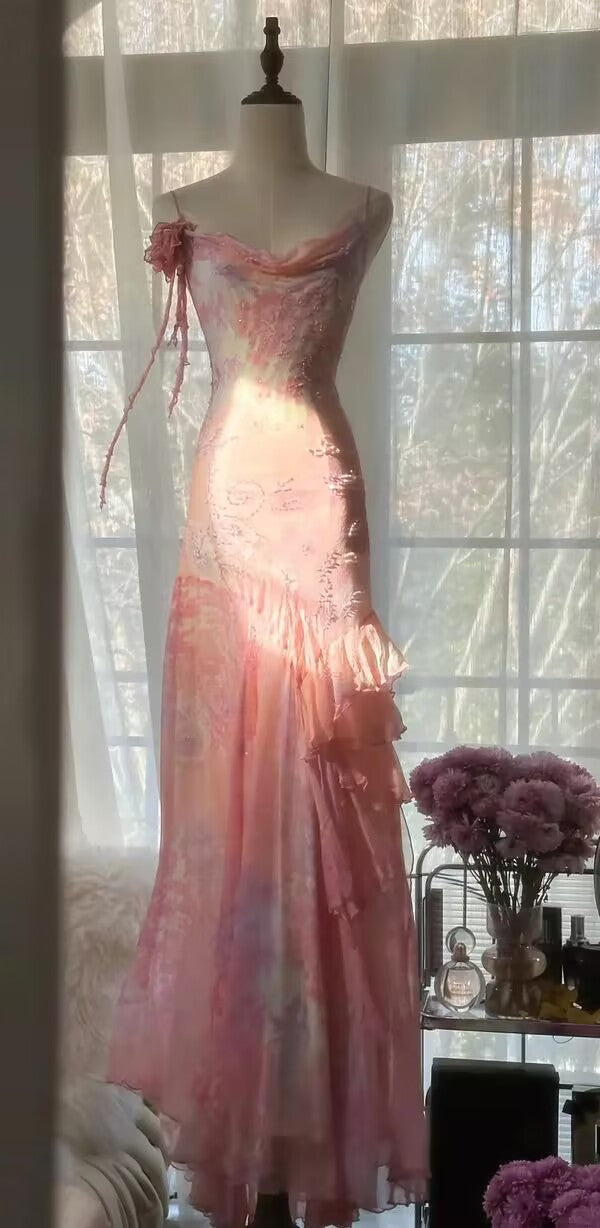 Special Mermaid Spaghetti Straps Chiffon Printed Beads Long Prom Dresses Formal Dress