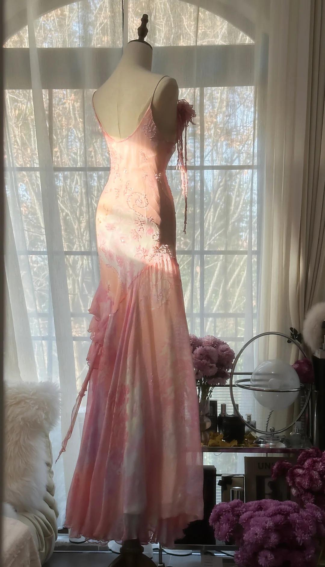 Special Mermaid Spaghetti Straps Chiffon Printed Beads Long Prom Dresses Formal Dress
