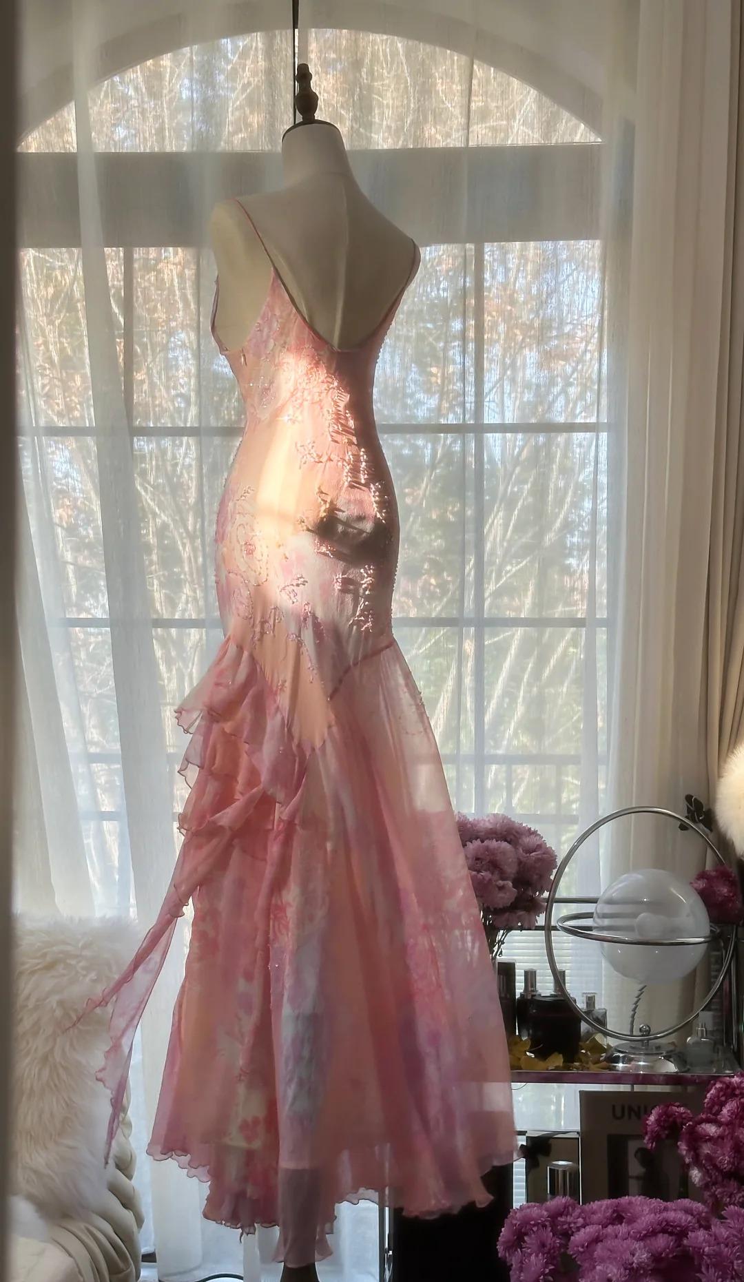 Special Mermaid Spaghetti Straps Chiffon Printed Beads Long Prom Dresses Formal Dress