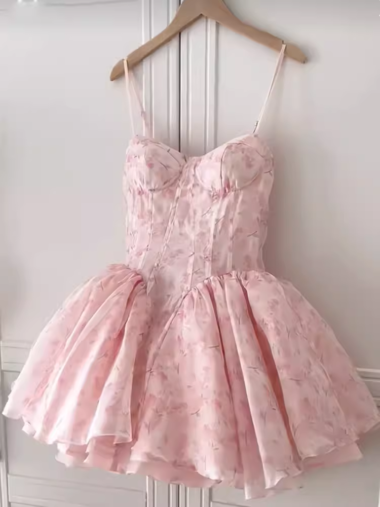 Simple A Line Spaghetti Straps Lace Birthday Dress Pink Homecoming Dresses - View 2 | VelvetHem