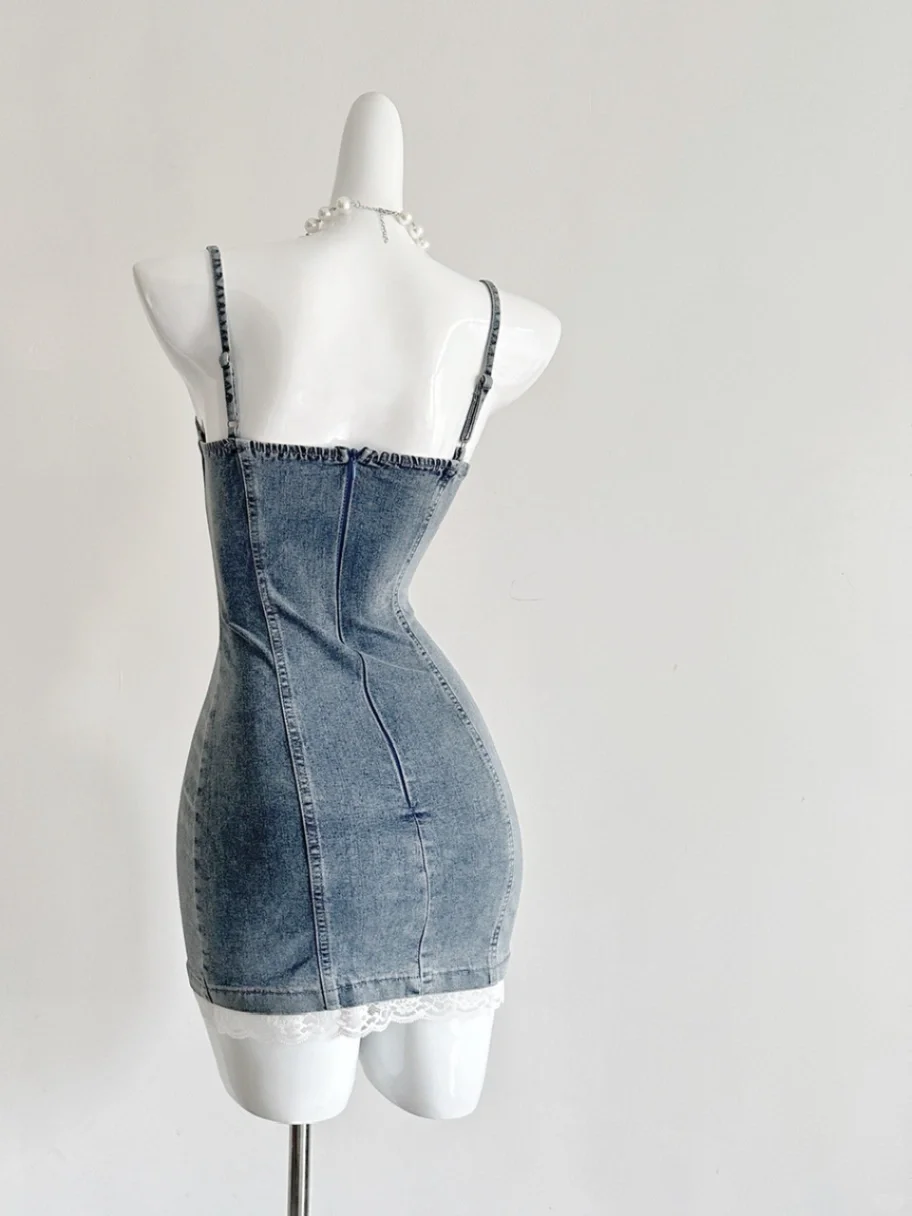 Chic 18th Mermaid Spaghetti Straps Denim Satin Lace Short Homecoming Dress Birthday Outfits - View 2 | VelvetHem