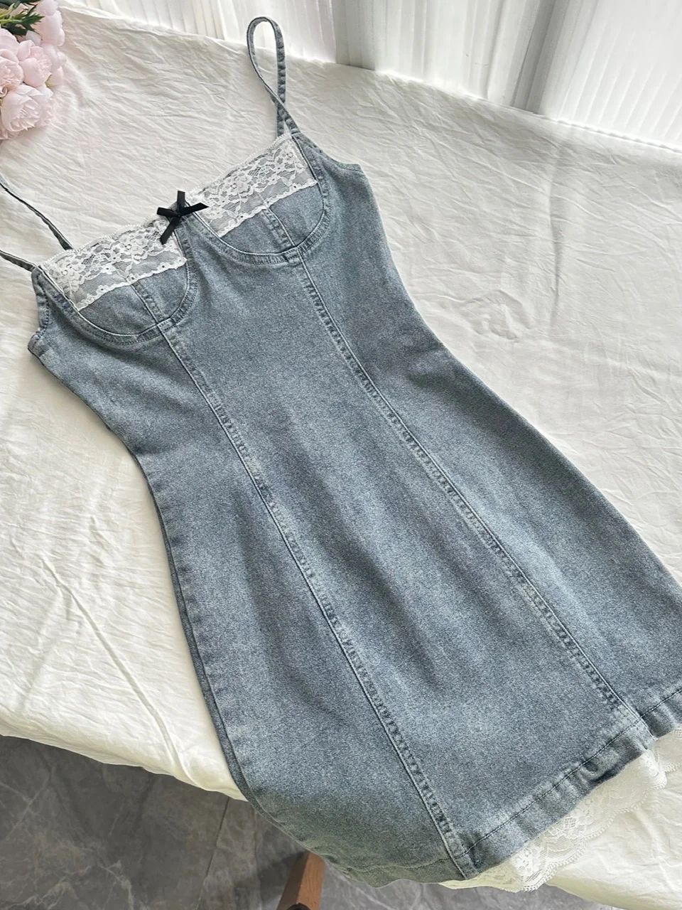Chic 18th Mermaid Spaghetti Straps Denim Satin Lace Short Homecoming Dress Birthday Outfits - View 3 | VelvetHem