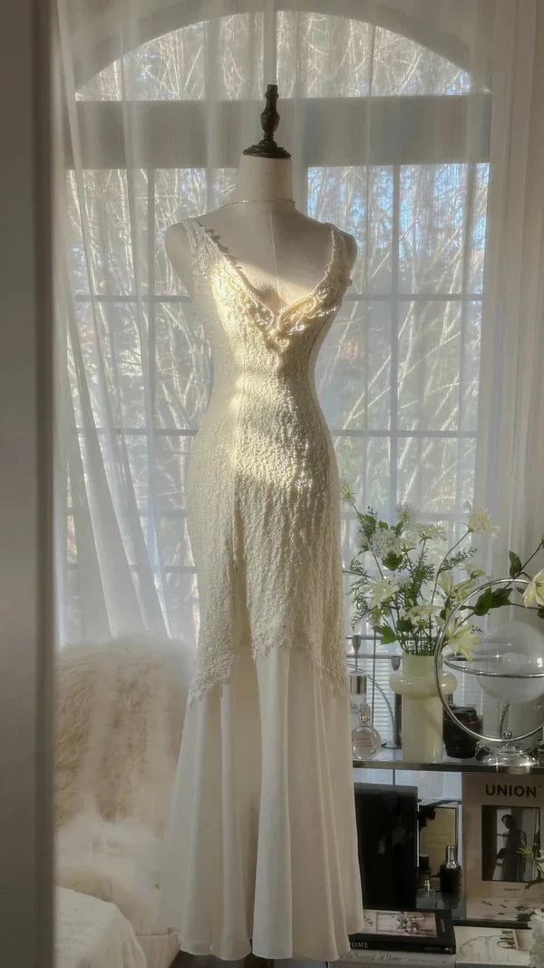 Unique Mermaid V Neck Satin Chiffon Long Prom Dresses Formal Dress - View 4 | VelvetHem