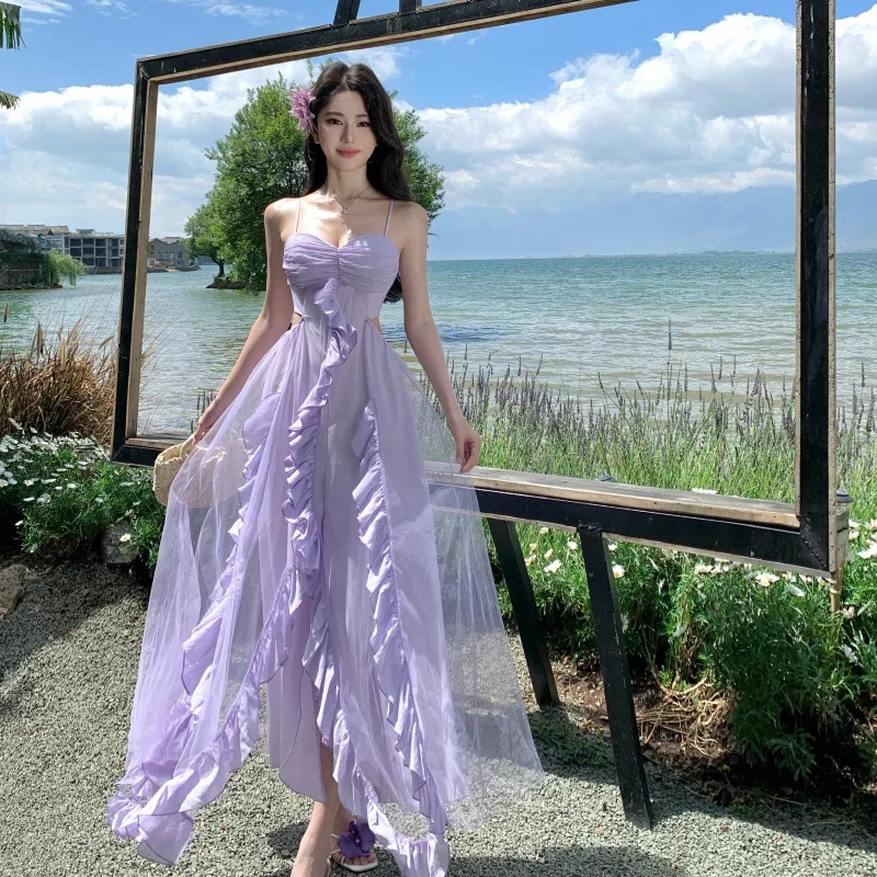 Lilac A Line Spaghetti Straps Satin Tulle Ruffles Long Prom Dresses Formal Dress - View 3 | VelvetHem