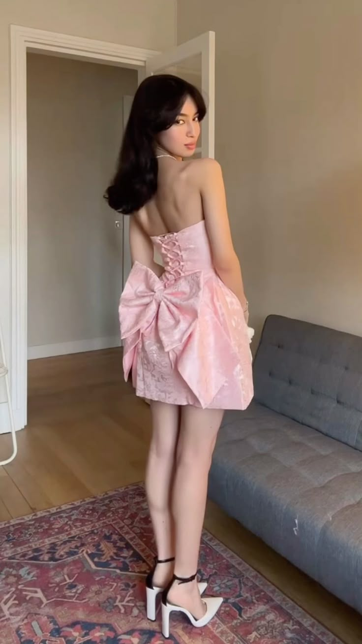 Chic Pink A Line Strapless Satin Back With Bow Short Homecoming Dress 19th Birthday Outfits - View 2 | VelvetHem