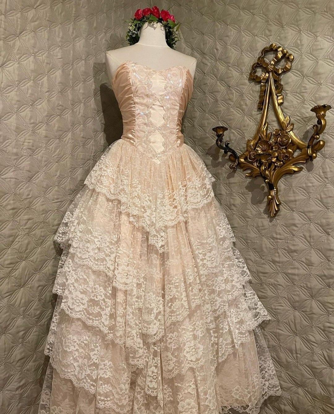 Classy Ball Gown Strapless Satin Lace Tiered Long Prom Dresses Formal Dress - View 6 | VelvetHem