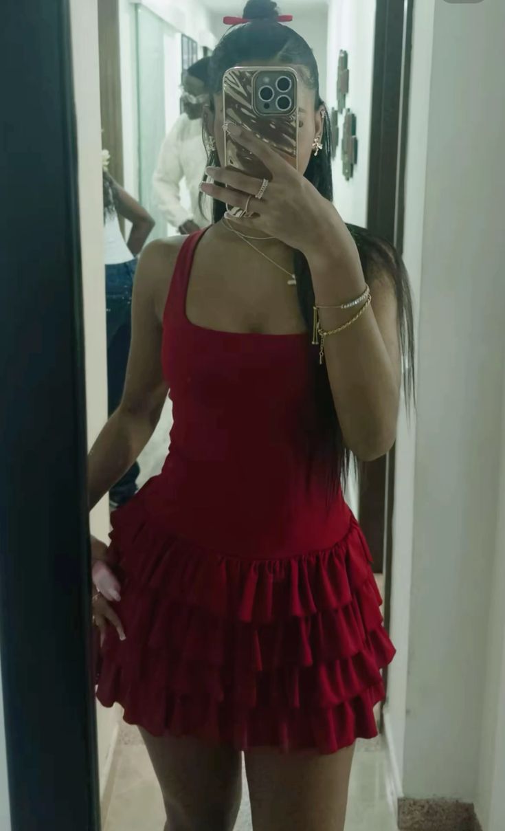 Burgundy A Line Halter Satin Tiered Short Homecoming Dress 17th Birthday Outfits - View 2 | VelvetHem