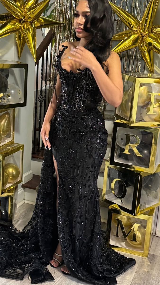 Gorgeous Mermaid Strapless Black Satin Sequin Beads Slit Long Prom Dresses Formal Dress