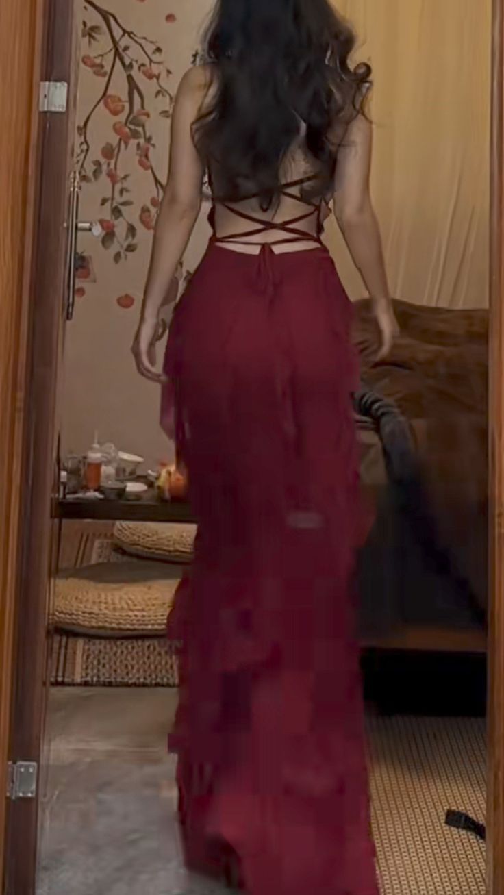 Pretty Mermaid Halter Burgundy Satin Chiffon Ruffles Backless Long Prom Dresses Formal Dress - View 3 | VelvetHem