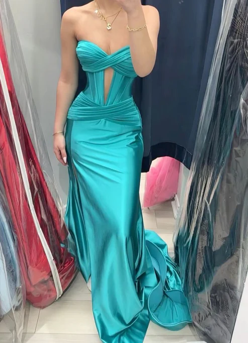 Classy Mermaid Sweetheart Satin Pleated Slit Long Prom Dresses Formal Dress