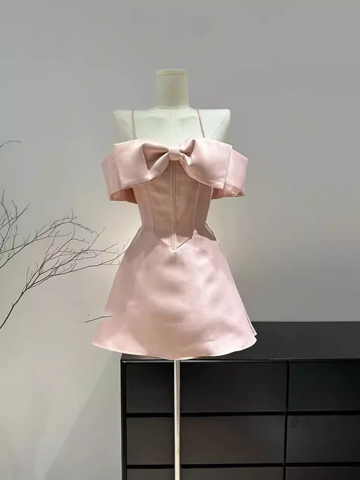 Cute Pink A Line Off The SHoulder Satin Short Homecoming Dress 18th Birthday Outfits - View 2 | VelvetHem