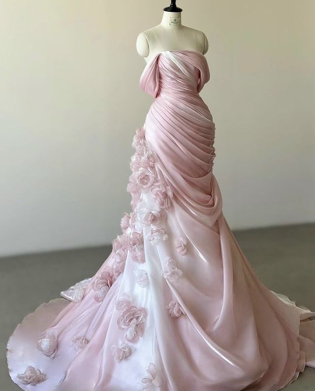 Ombre Mermaid Off The Shoulder Pleated Satin Applique Long Prom Dresses Formal Dress