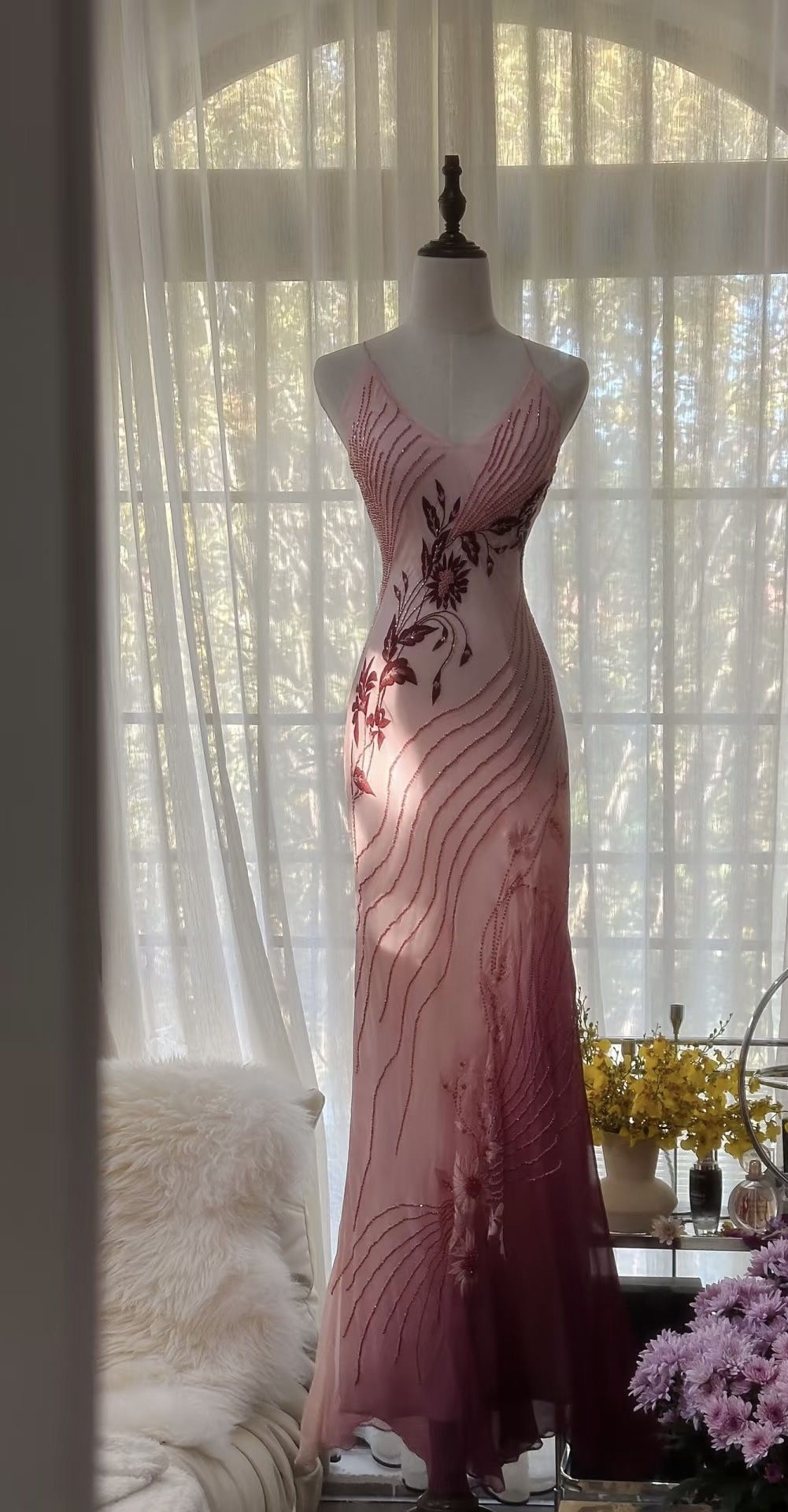 Pretty Mermaid Spaghetti Straps Chiffon Beads Flower Long Prom Dresses Formal Dress