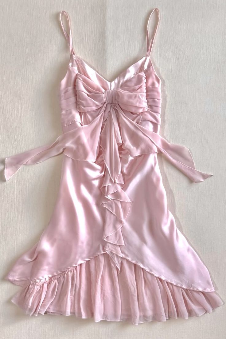 Cute A line Spaghetti Straps Pink Satin Chiffon Bow Ruffle Short Homecoming Dress 17th Birthday Outfits - View 2 | VelvetHem
