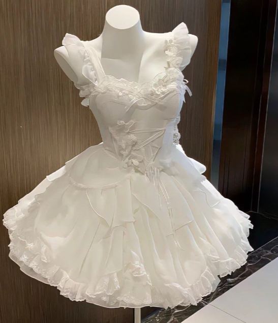 Princess Ball Gown White Spaghetti Straps Ruffles Chiffon Lace Short Homecoming Dress 16th Birthday Outfits - View 2 | VelvetHem