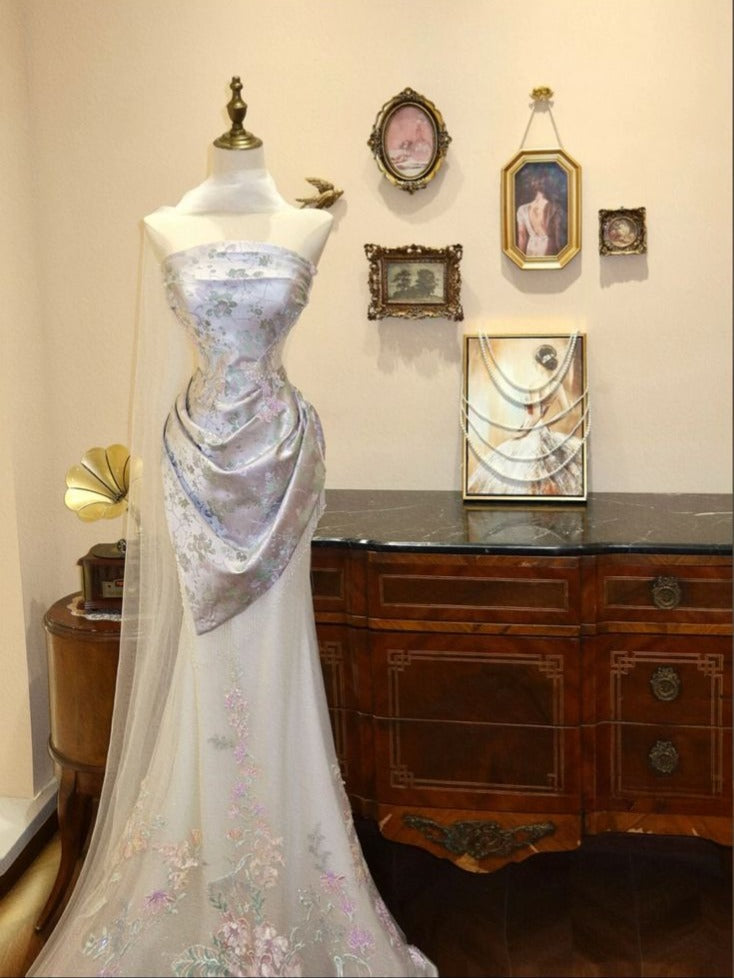 Aesthetic Mermaid Strapless Satin Tulle Applique Long Prom Dresses Formal Dress - View 2 | VelvetHem