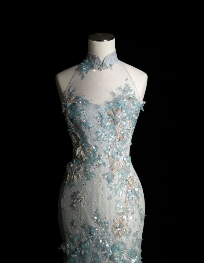 Style Classy Chinese Neck Mermaid Tulle Sequin Applique Long Prom Dress,Formal Dress - View 3 | VelvetHem