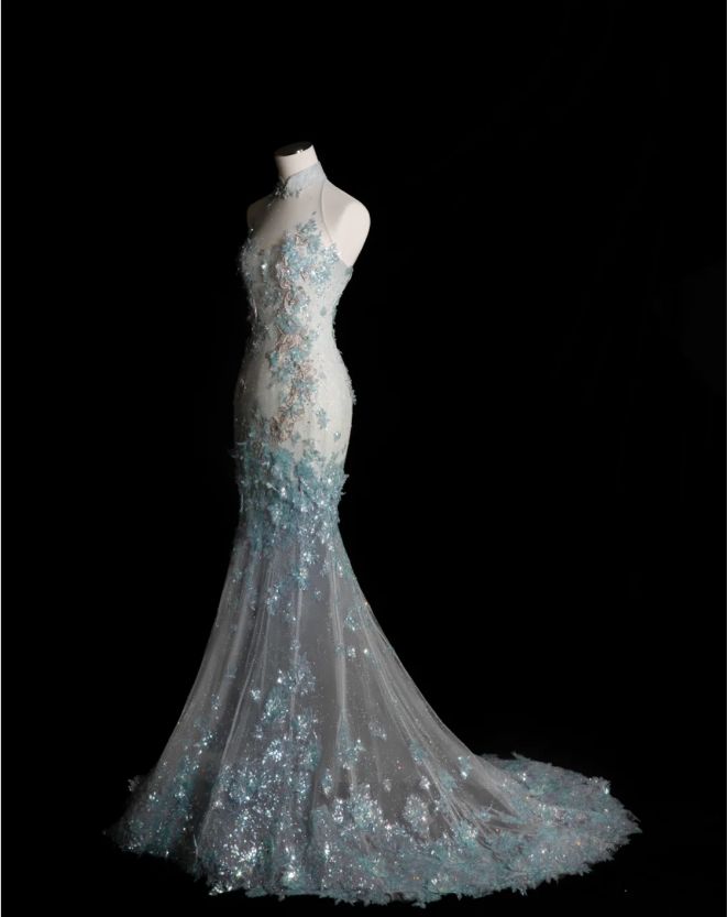 Style Classy Chinese Neck Mermaid Tulle Sequin Applique Long Prom Dress,Formal Dress - View 4 | VelvetHem