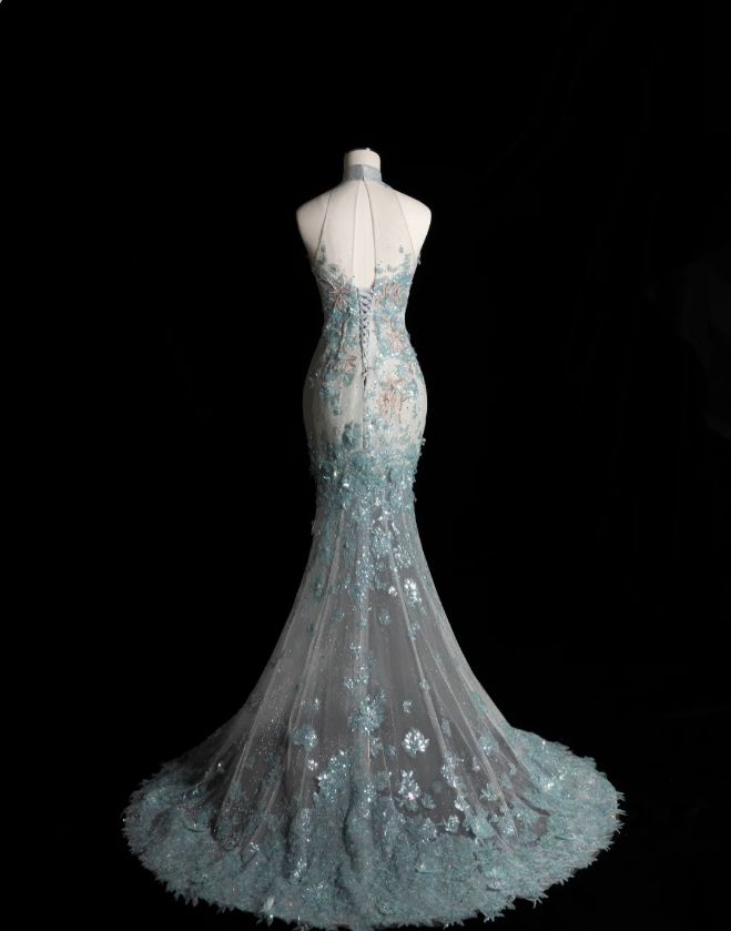 Style Classy Chinese Neck Mermaid Tulle Sequin Applique Long Prom Dress,Formal Dress - View 6 | VelvetHem