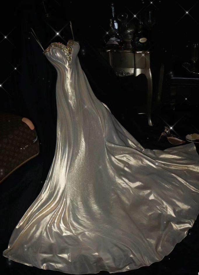 Classy A Line Spaghetti Straps Satin Beaded Long Prom Dress,Formal Evening Dress - View 2 | VelvetHem