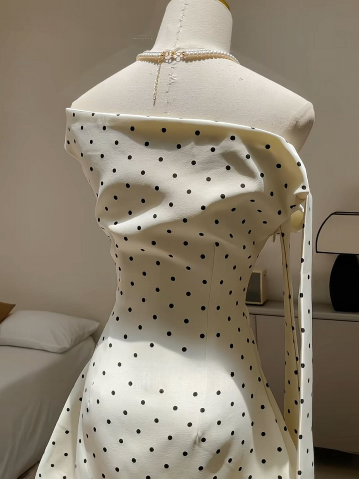 Chic A Line Off The Shoulder Polka Dots Satin Short Homecoming Dress 19th Birthday Outfits - View 3 | VelvetHem