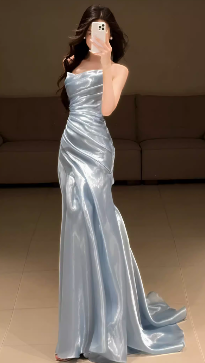 Classy Style A Line Strapless Pleated Satin Long Prom Dress, Bridesmaids Dress, Evening Dress - View 3 | VelvetHem