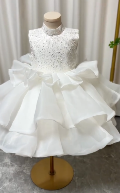 Pretty Ball Gown High Neck Satin Sequin Flower Girl Dress - View 2 | VelvetHem