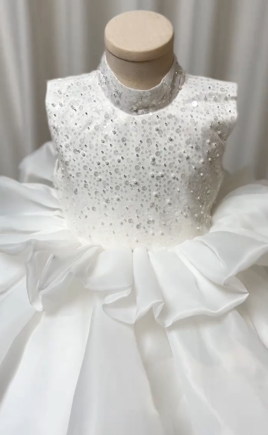 Pretty Ball Gown High Neck Satin Sequin Flower Girl Dress - View 3 | VelvetHem