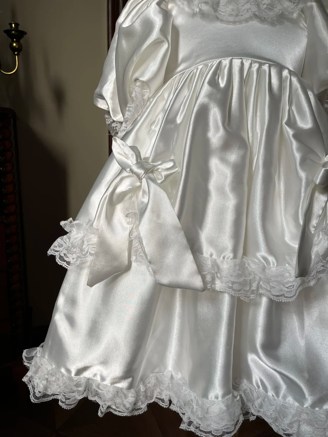 Vintage Princess A Line Tiered Satin Lace With Short Sleeves Flower Girl Dress - View 7 | VelvetHem