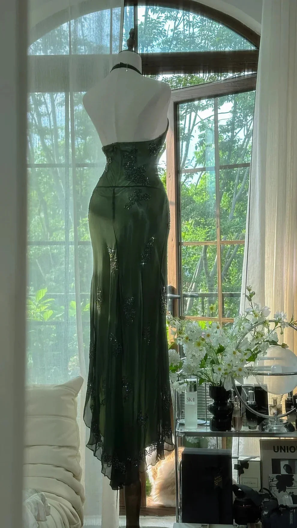 Sexy Mermaid Halter Dark Green Chiffon Sequin Long Prom Dress, Evening Dress