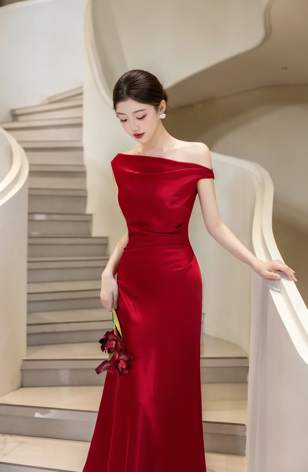 Classy Burgundy Mermaid Off The Shoulder Satin Long Prom Dress, Evening Dress - View 5 | VelvetHem