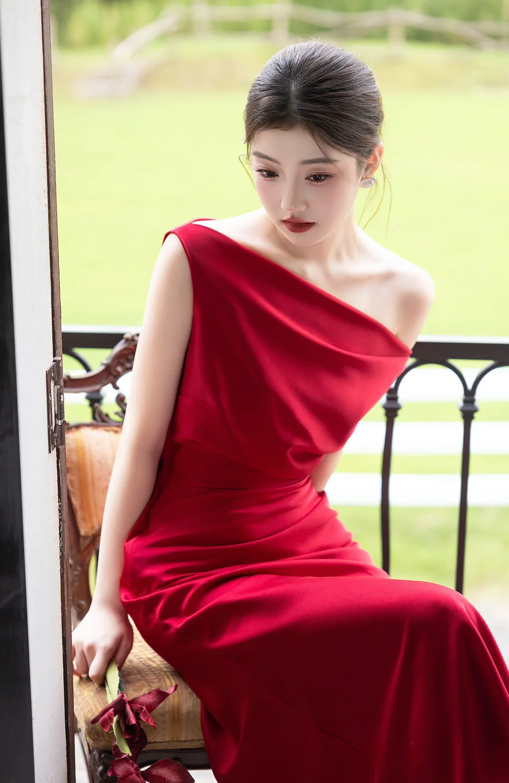 Classy Burgundy Mermaid Off The Shoulder Satin Long Prom Dress, Evening Dress - View 6 | VelvetHem