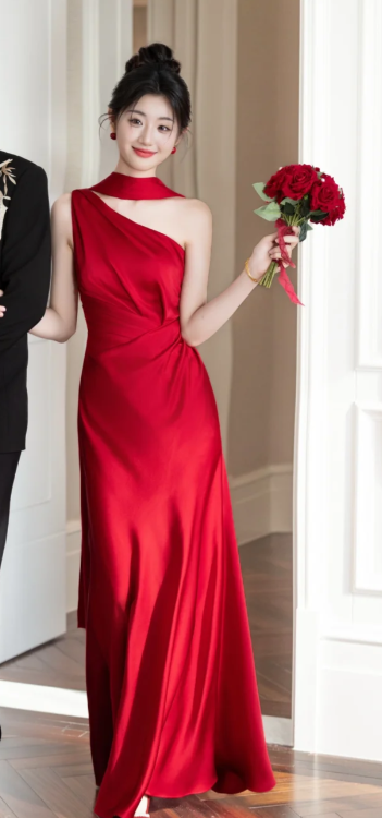 Chic Mermaid One Shoulder Burgundy Satin Long Prom Dress, Evening Dress - View 5 | VelvetHem