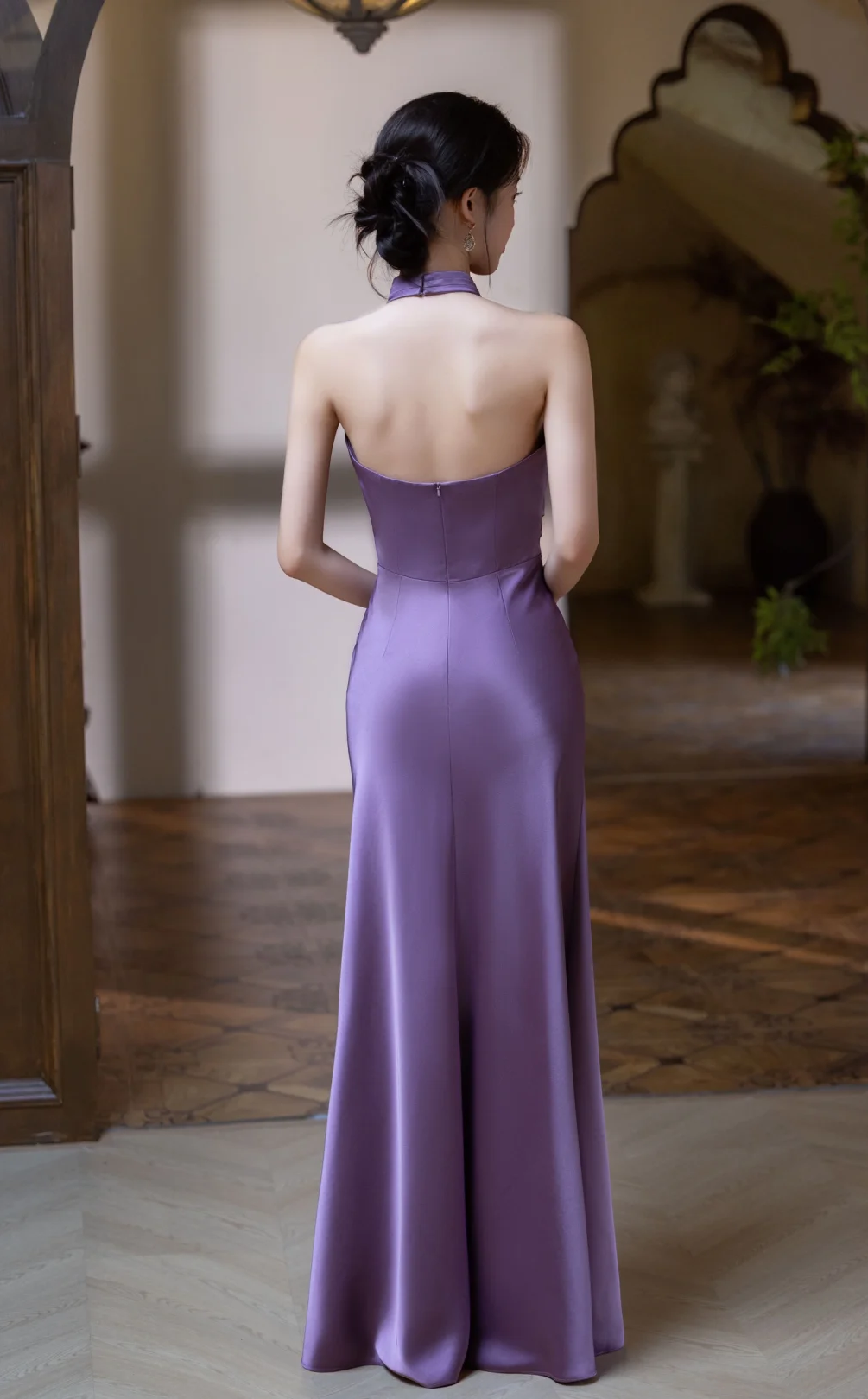 Elegant Mermaid Halter Pleated Satin Long Prom Dress, Evening Dress - View 6 | VelvetHem