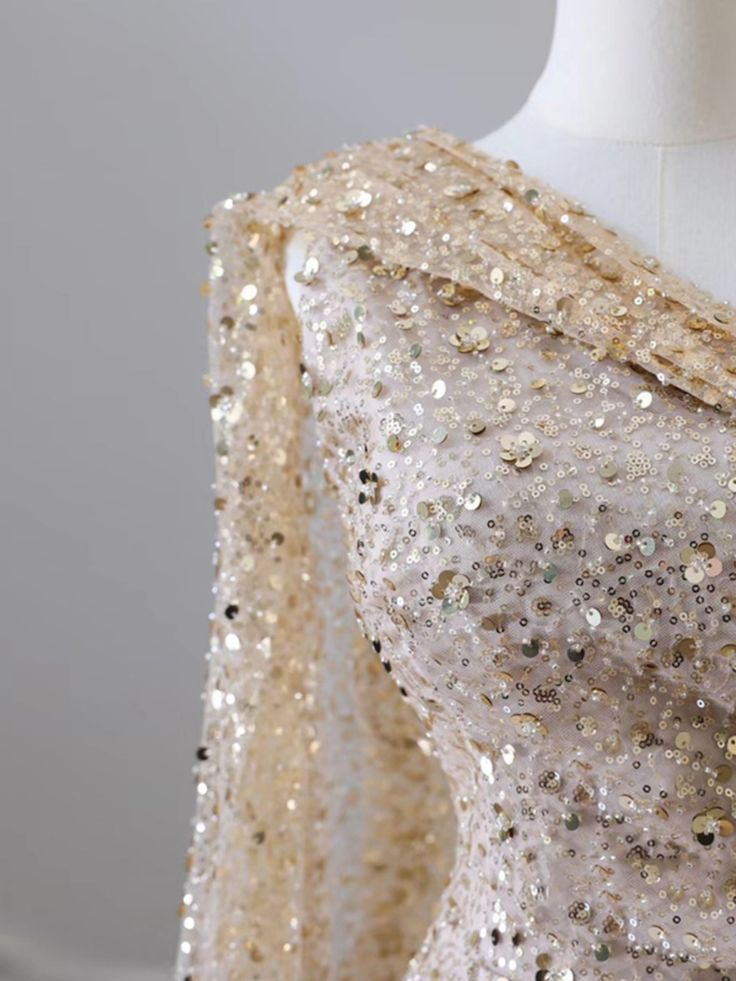 Gold Shiny One Shoulder Mermaid Sequin Slit Long Prom Dress, Evening Dress