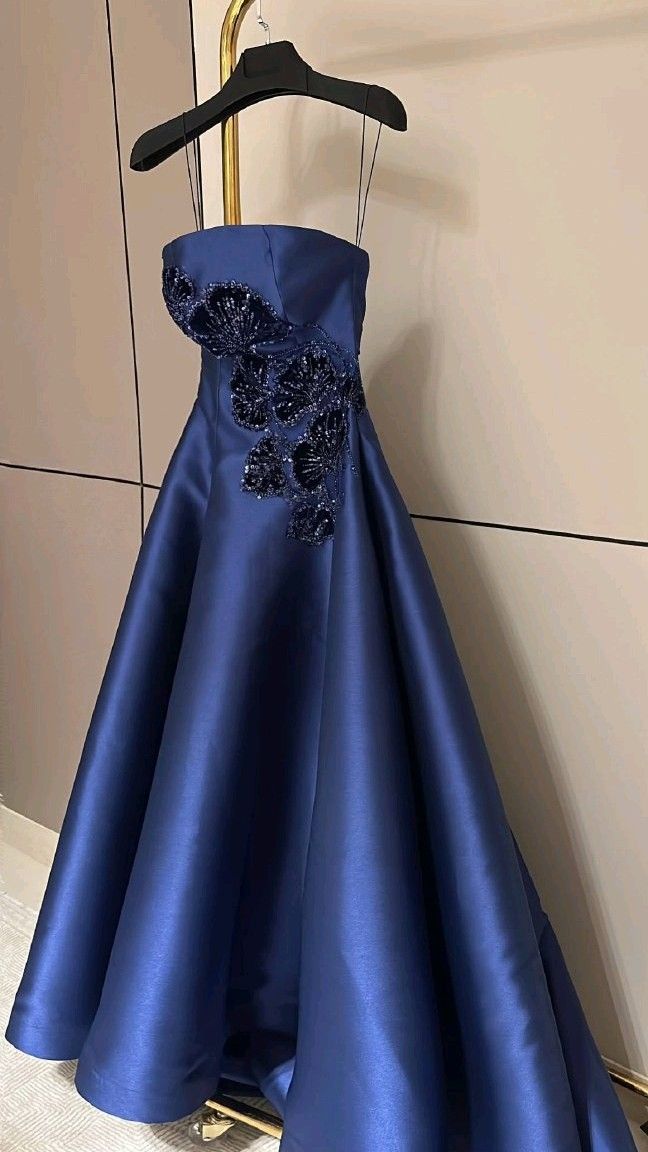 Modest A Line Navy Strapless Satin Sequin Long Prom Dress, Evening Dress