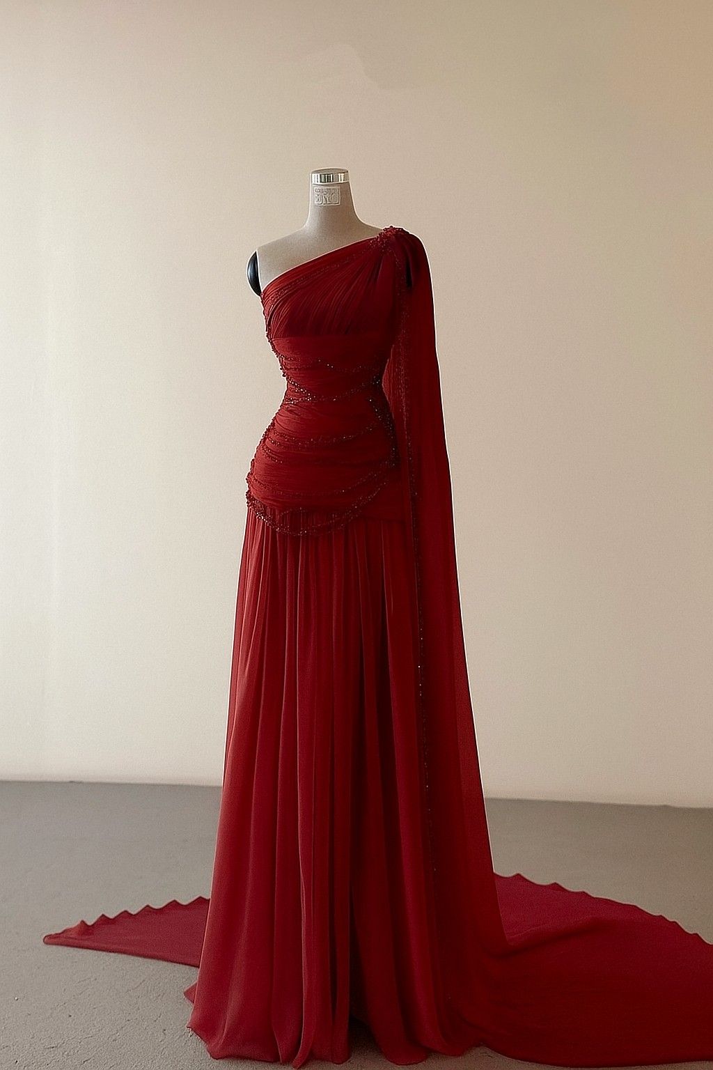 Pretty A Line Burgundy One Shoulder Chiffon Beaded Long Prom Dress, Evening Dress