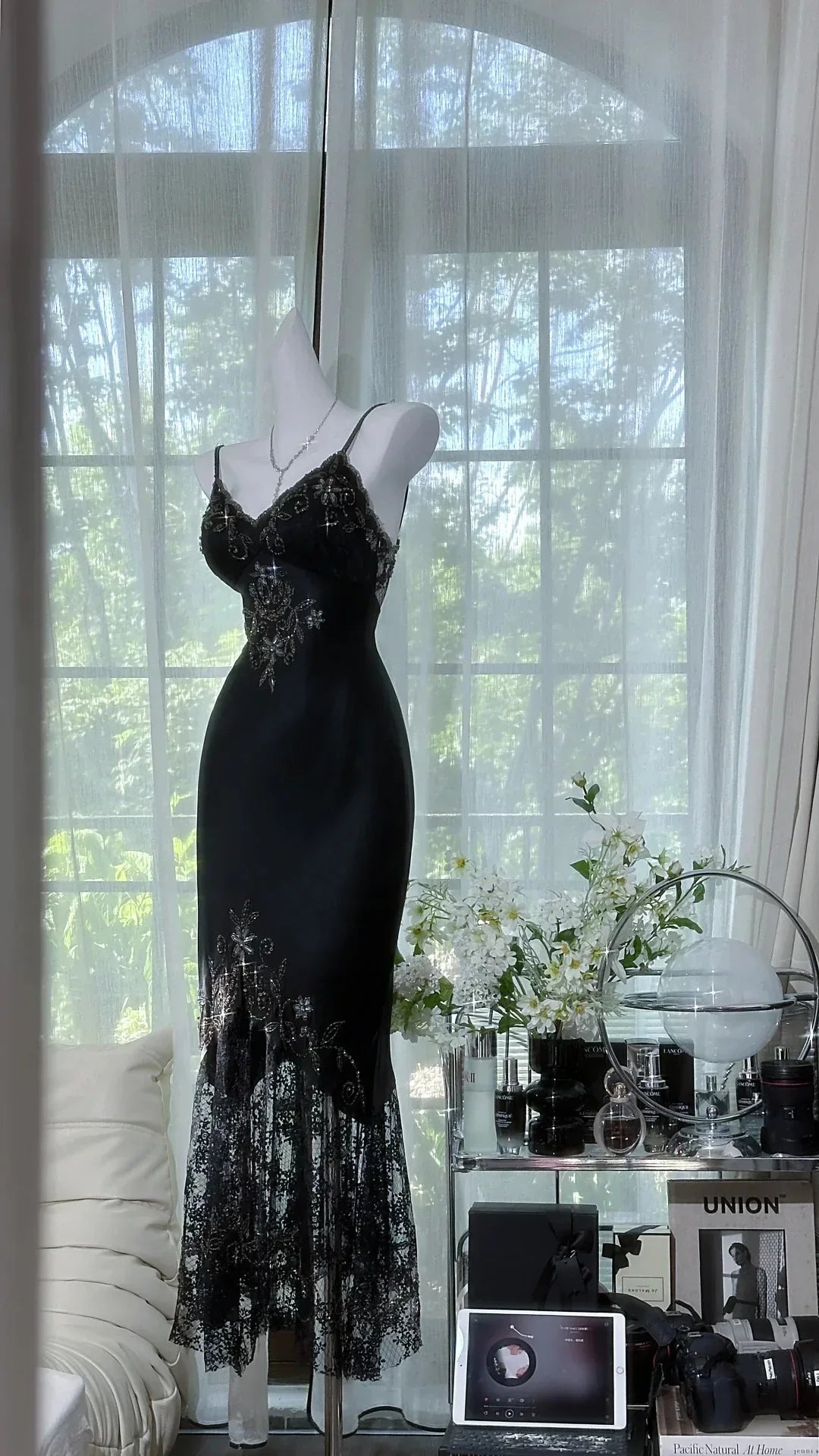 Black Charming Mermaid Spaghetti Straps Satin Lace Sequin Without Sleeves Long Prom Dress, Evening Dress