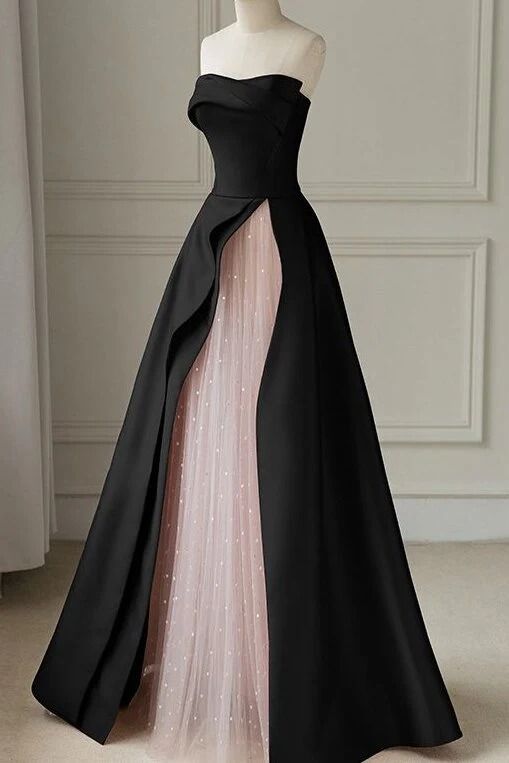 Strapless Satin Pearls Tulle Long Prom Dresses Party Dress - View 2 | VelvetHem