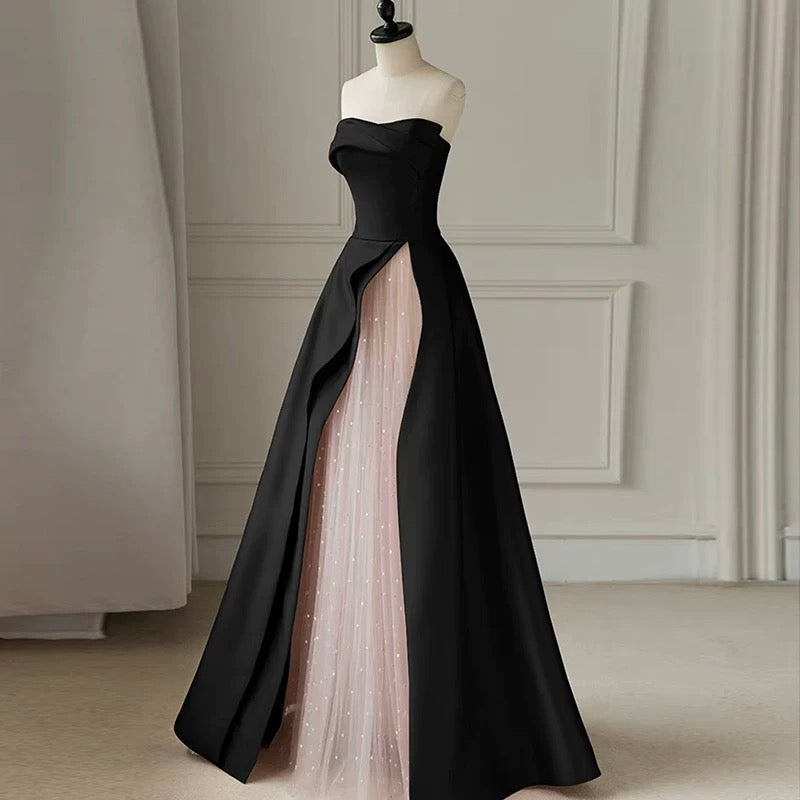 Strapless Satin Pearls Tulle Long Prom Dresses Party Dress - View 7 | VelvetHem