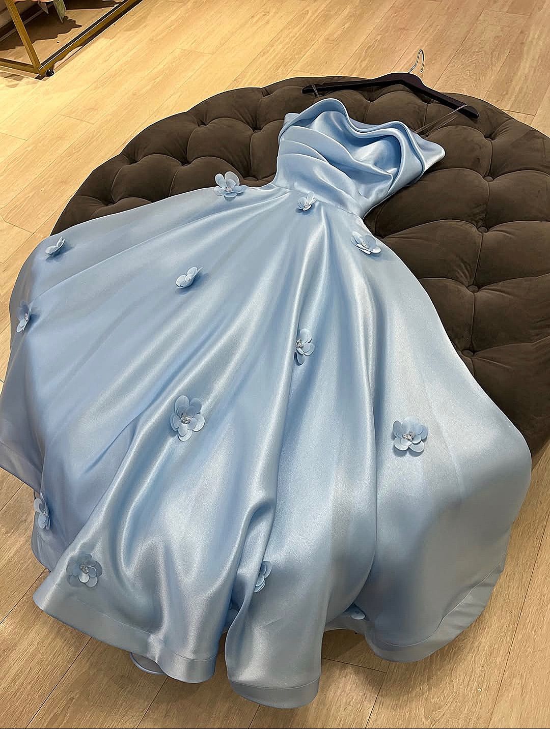 Pale Blue A Line Strapless Pleated Satin Applique Without Sleeves Long Prom Dress, Evening Dress