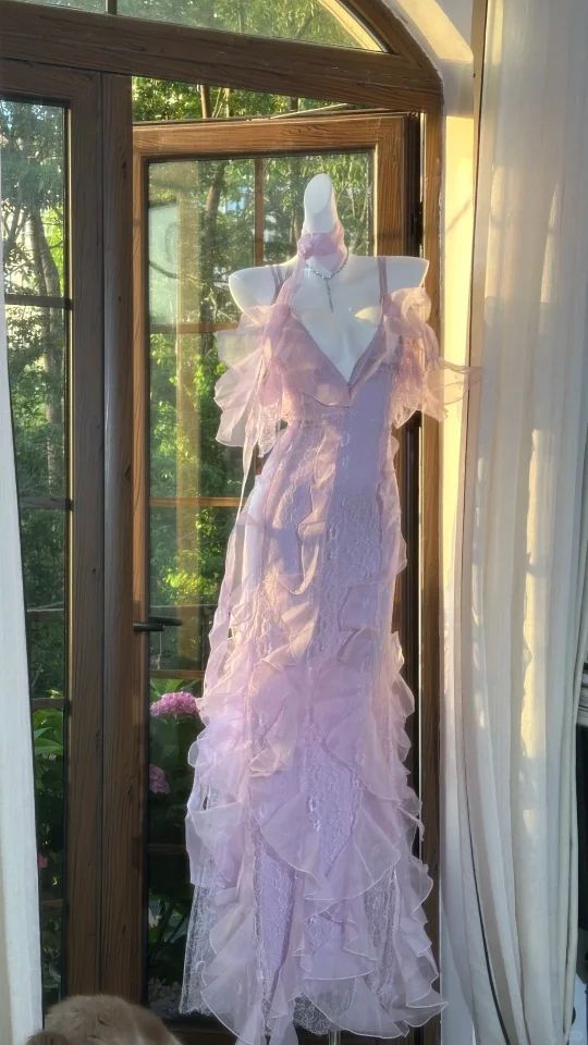 Charming Mermaid Spaghetti Straps Satin Ruffle Tulle Without Sleeves Long Prom Dress, Evening Dress - View 2 | VelvetHem