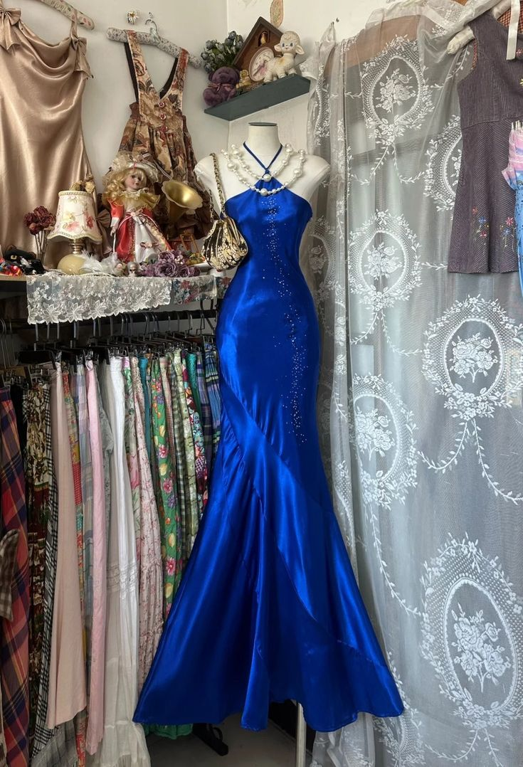 Obessed Mermaid Halter Royal Blue Satin Bedaed Backless Without Sleeves Long Prom Dress, Evening Dress